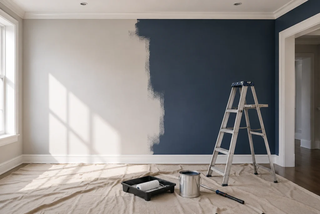 Interior room with neutral wall being painted